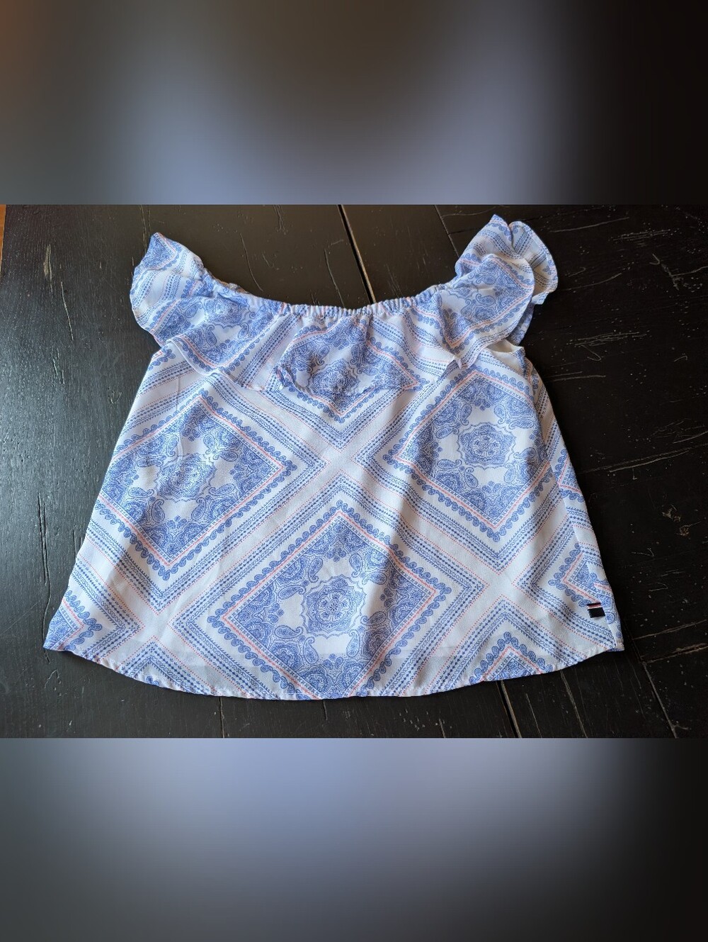 Tommy Hilfiger Girls' Blue White Paisley Off-the-Shoulder Top Size Large (12/14)